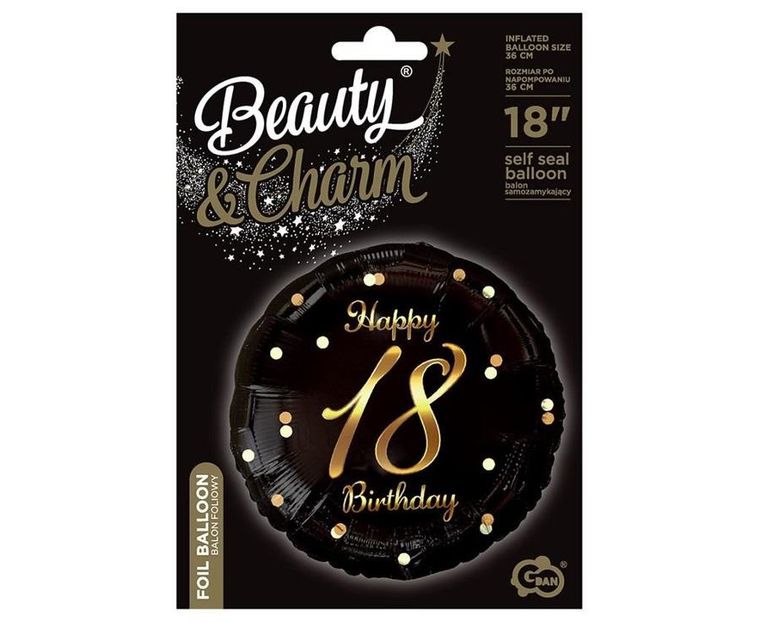 Godan, balon foliowy, liczba 18, Happy, 18 Birthday, czarny, nadruk złoty
