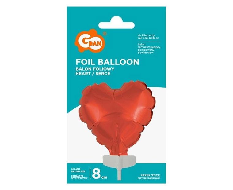 GoDan, balon foliowy, serce na patyczku, czerwone, 8 cm