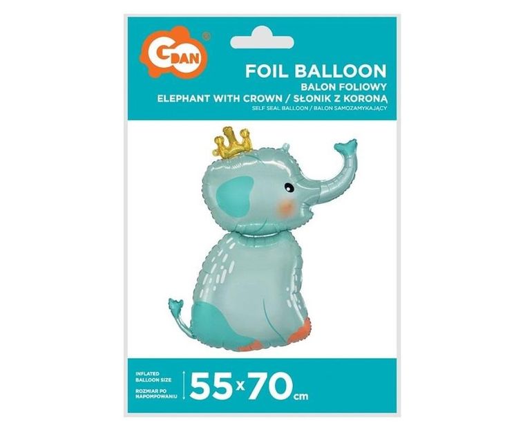 GoDan, balon foliowy, słonik z koroną, 55-70 cm