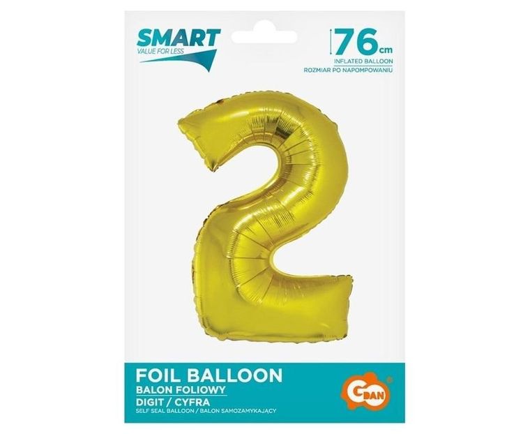 Godan, balon foliowy Smart, cyfra 2, złota, 76 cm
