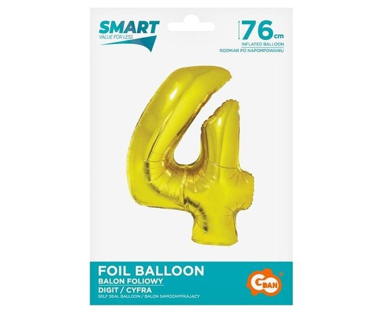 Godan, balon foliowy Smart, cyfra 4, złota, 76 cm