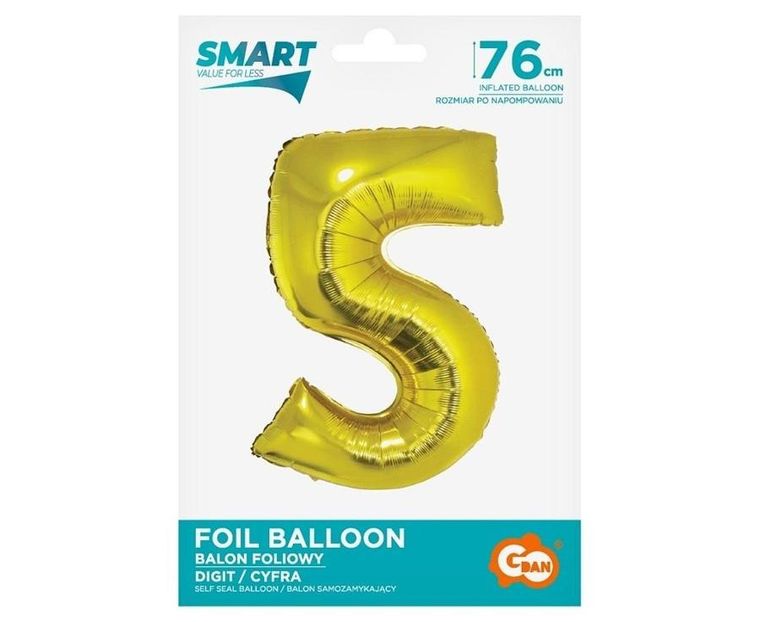 Godan, balon foliowy Smart, cyfra 5, złota, 76 cm