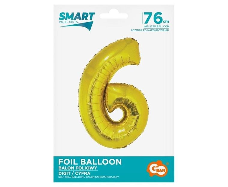 Godan, balon foliowy Smart, cyfra 6, złota, 76 cm