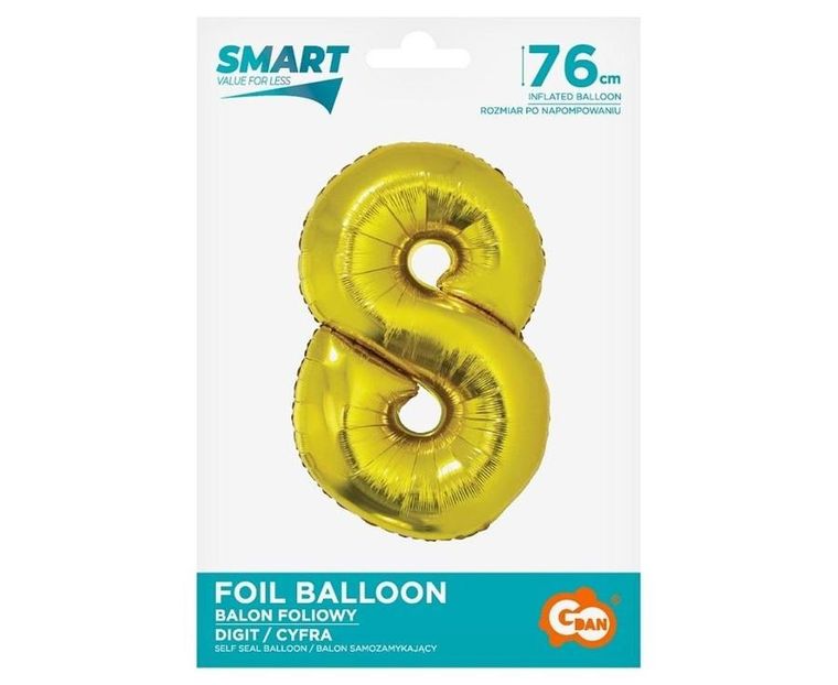 Godan, balon foliowy Smart, cyfra 8, złota, 76 cm