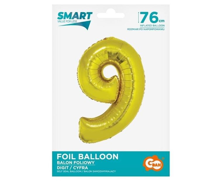 Godan, balon foliowy Smart, cyfra 9, złota, 76 cm