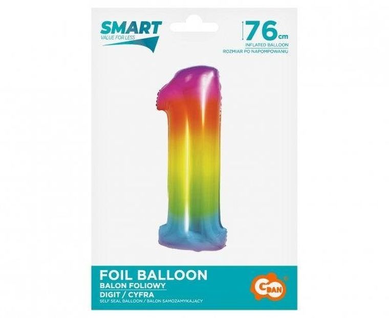 GoDan, balon foliowy, w kształcie cyfry 1, tęczowa, 76 cm
