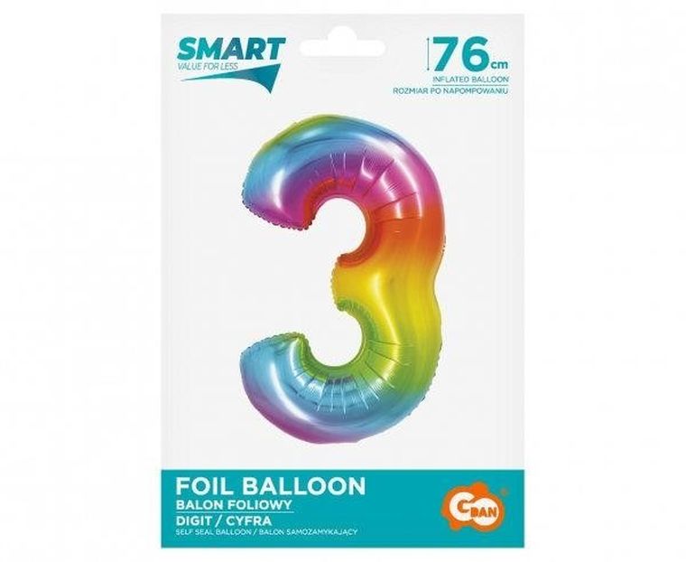 GoDan, balon foliowy, w kształcie cyfry 3, tęczowa, 76 cm