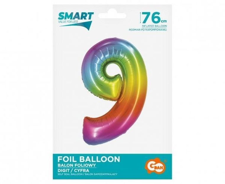 GoDan, balon foliowy, w kształcie cyfry 9, tęczowa, 76 cm
