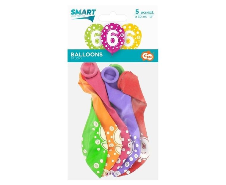 Godan, balony cyfra 6, miks kolorów, 30 cm, 5 szt.