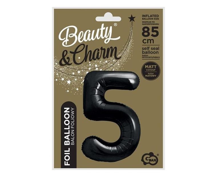 GoDan, Beauty&Charm, balon foliowy, cyfra 5, matowa czarna, 85 cm