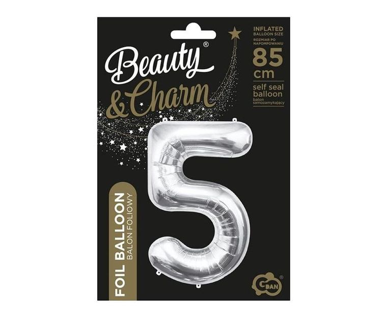 Godan, Beauty&Charm, balon foliowy, cyfra 5, srebrna, 85 cm