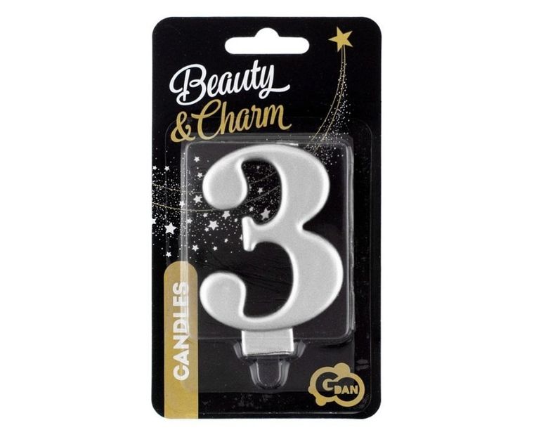 GoDan, Beauty&Charm, świeczka, cyfra 3, metaliczna, srebrna, 8 cm