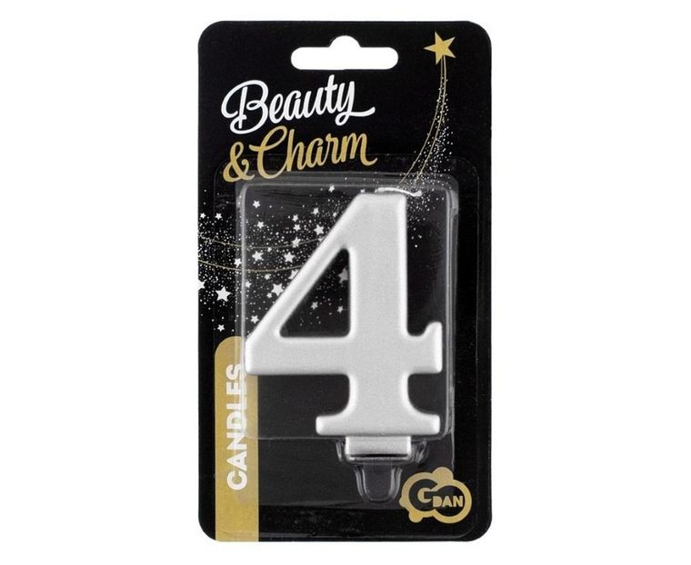 GoDan, Beauty&Charm, świeczka, cyfra 4, metaliczna, srebrna, 8 cm