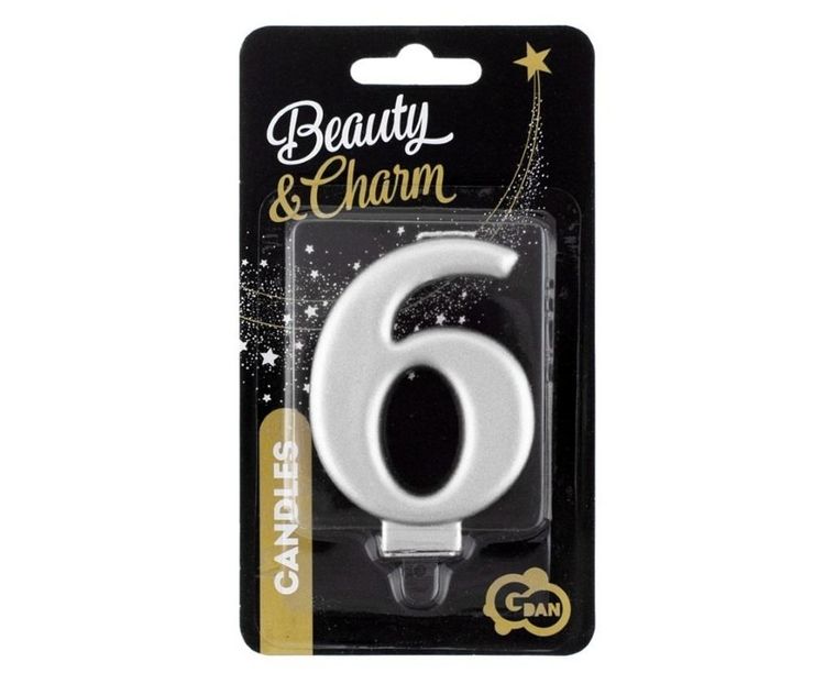 GoDan, Beauty&Charm, świeczka, cyfra 6, metaliczna, srebrna, 8 cm