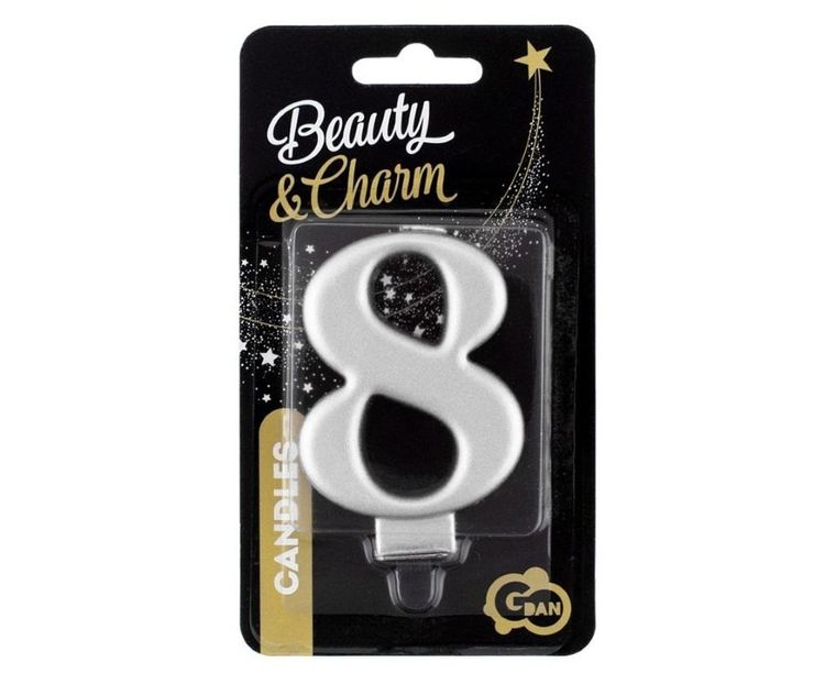 GoDan, Beauty&Charm, świeczka, cyfra 8, metaliczna, srebrna, 8 cm
