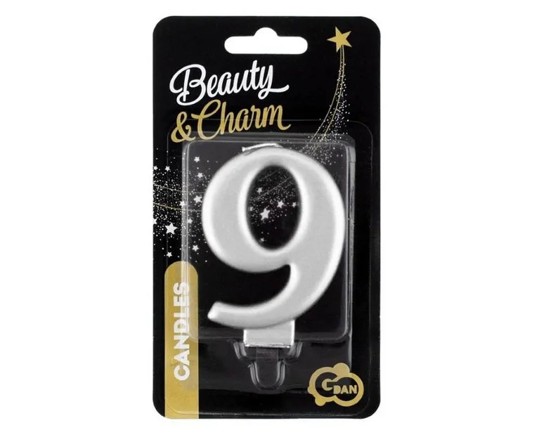 GoDan, Beauty&Charm, świeczka, cyfra 9, metaliczna, srebrna, 8 cm