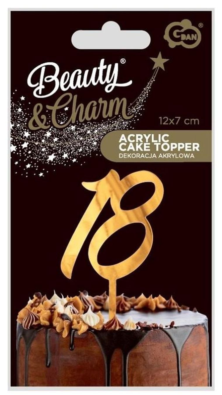 Godan, dekoracja akrylowa na tort, 18 Urodziny, złota, 12-7 cm
