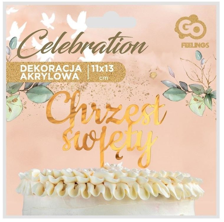 Godan, dekoracja akrylowa na tort Chrzest Święty, złota, 11-13 cm