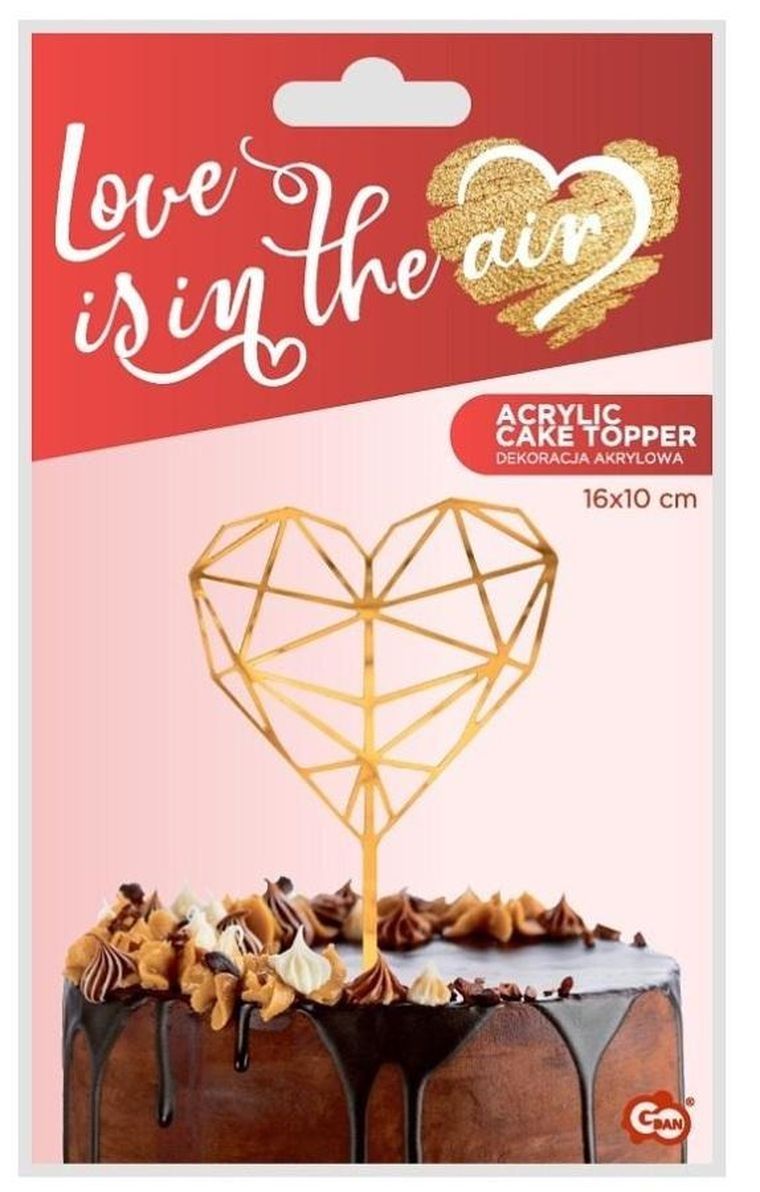 Godan, dekoracja akrylowa na tort Diamentowe Serce, złota, 16-10 cm
