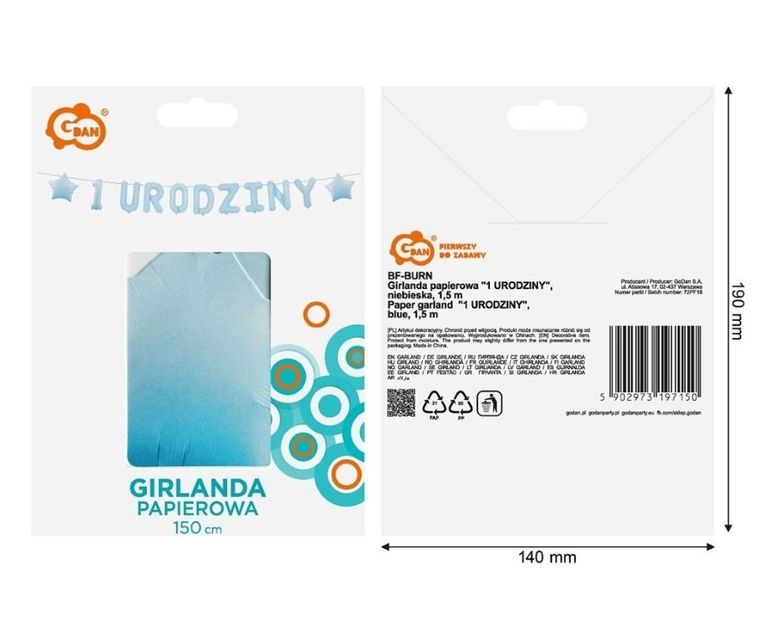 GoDan, girlanda papierowa, 1 urodziny, niebieska, 1,8m