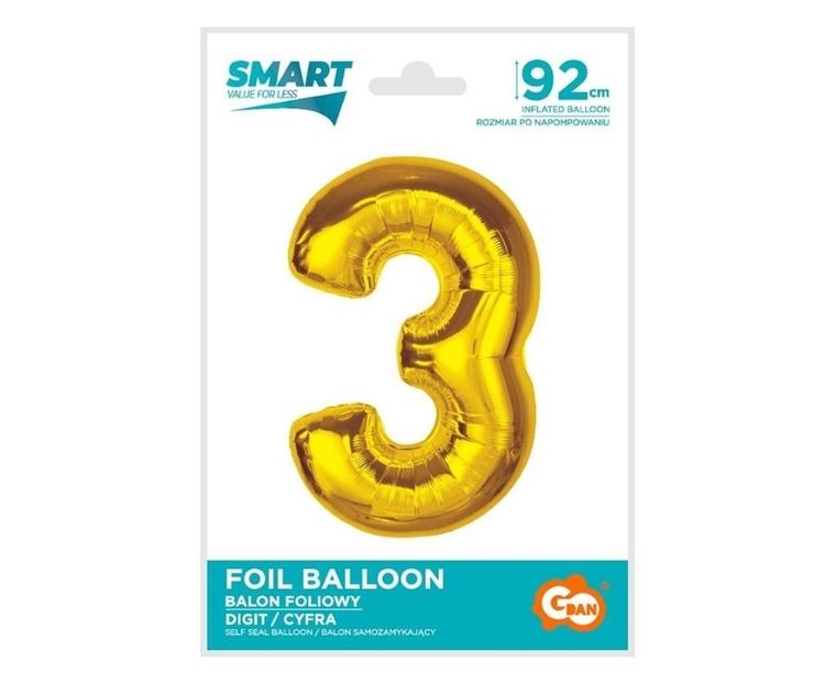 GoDan, Smart, balon foliowy, cyfra 3, złota, 92 cm