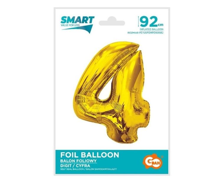 GoDan, Smart, balon foliowy, cyfra 4, złota, 92 cm