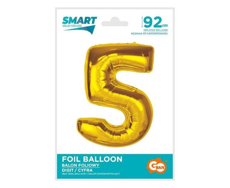 GoDan, Smart, balon foliowy, cyfra 5, złota, 92 cm