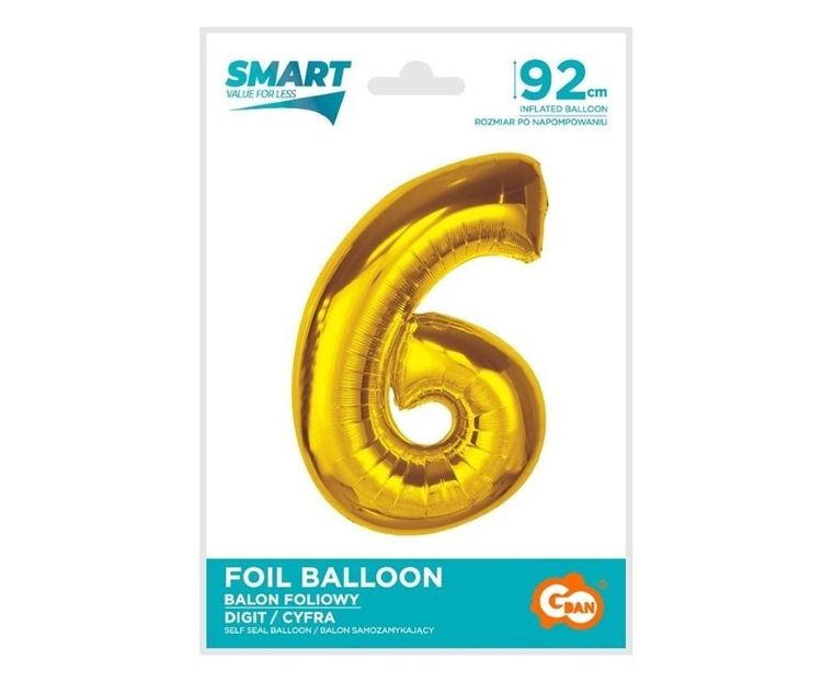 GoDan, Smart, balon foliowy, cyfra 6, złota, 92 cm