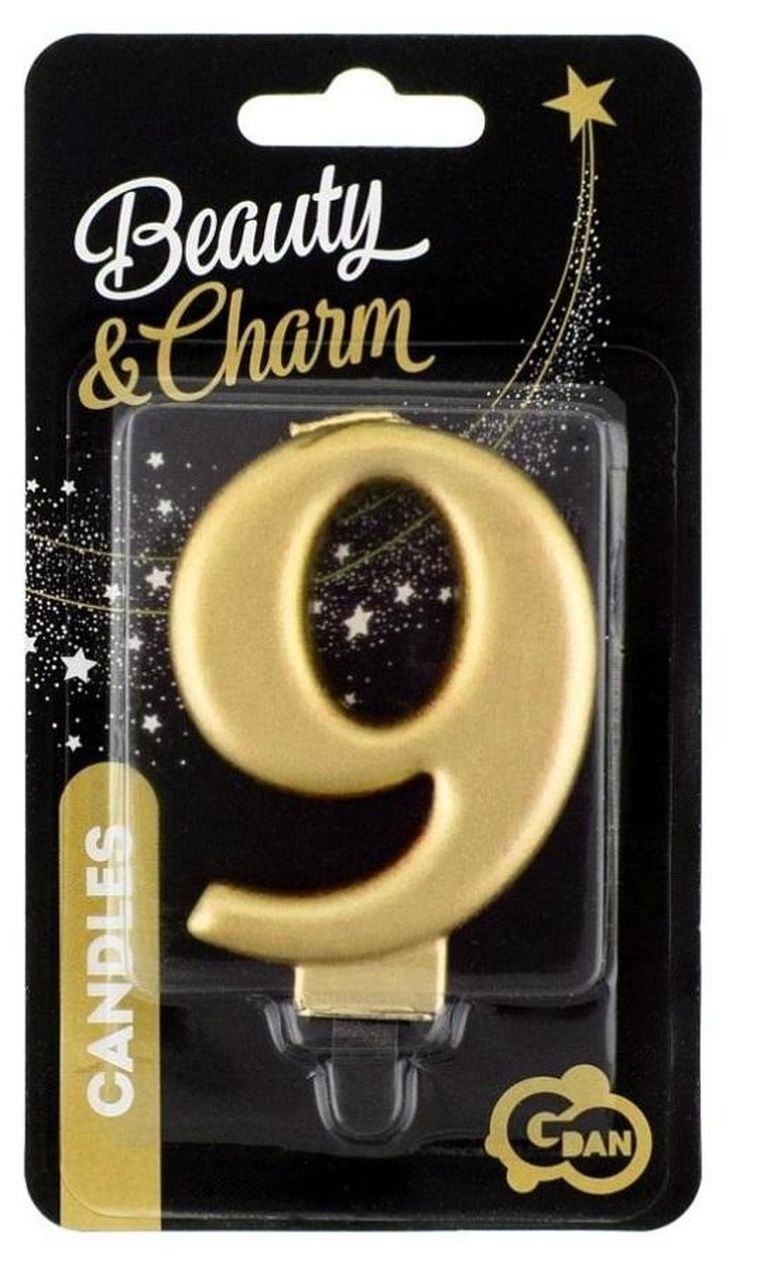 Godan, świeczka cyferka 9, Beauty&Charm metalik złota, 8 cm