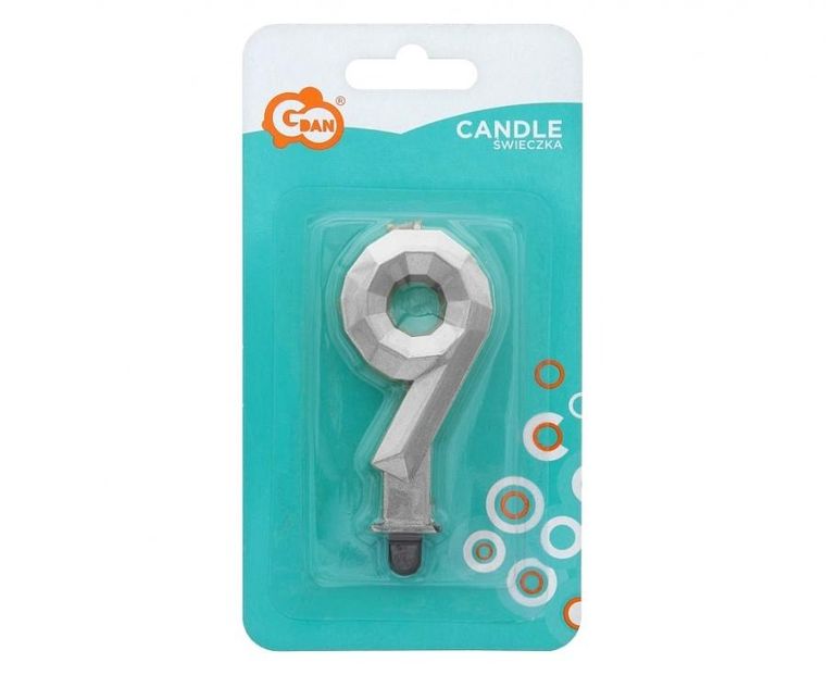 Godan, świeczka cyferka 9, Diament, metalik srebrny, 7,6 cm