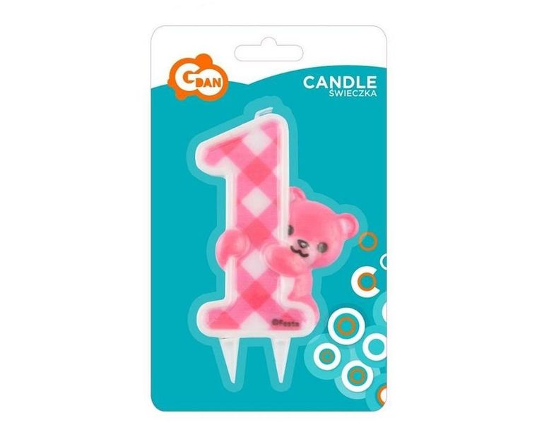 Godan, świeczka cyfra 1 urodziny, różowy Miś