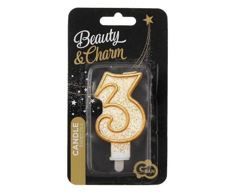 Godan, świeczka cyfra 3, urodziny, złoty kontur