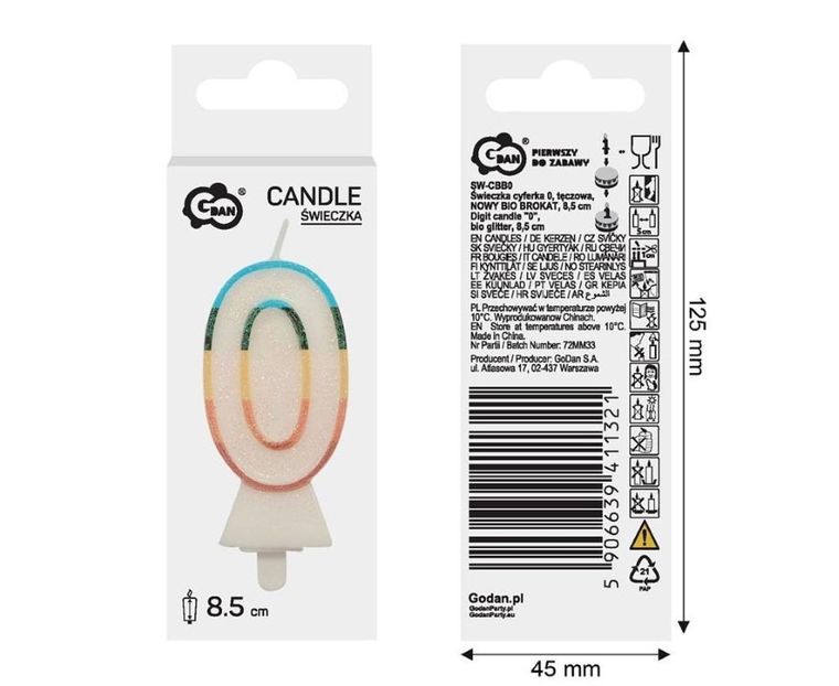GoDan, świeczka urodzinowa, cyfra 0, tęczowa, 8,5 cm