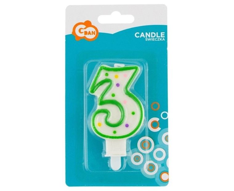 GoDan, świeczka urodzinowa, cyfra 3, z kropeczkami, 7.5 cm