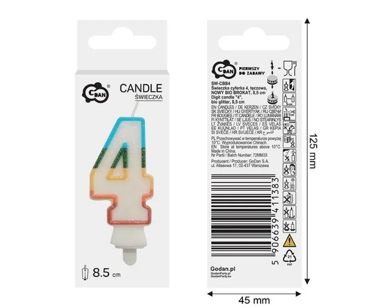 GoDan, świeczka urodzinowa, cyfra 4, tęczowa, 8,5 cm
