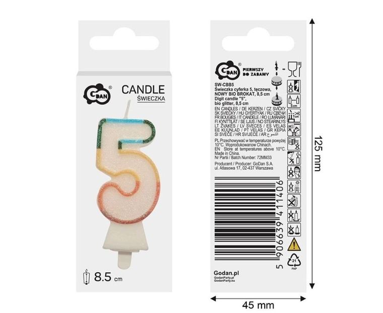 GoDan, świeczka urodzinowa, cyfra 5, tęczowa, 8,5 cm