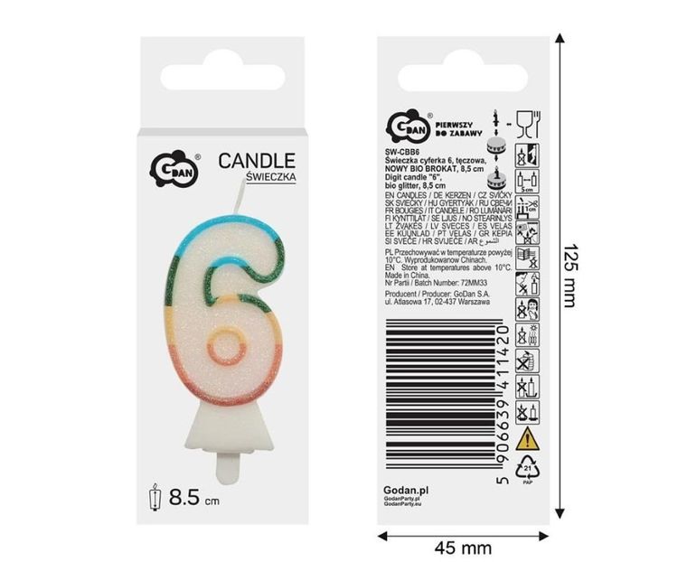 GoDan, świeczka urodzinowa, cyfra 6, tęczowa, 8,5 cm