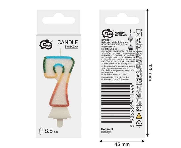 GoDan, świeczka urodzinowa, cyfra 7, tęczowa, 8,5 cm