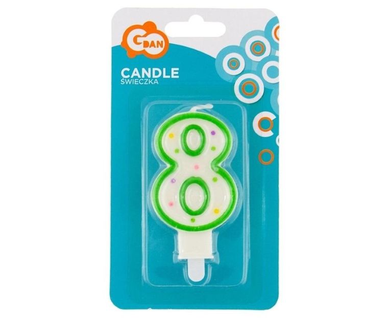 GoDan, świeczka urodzinowa, cyfra 8, z kropeczkami, 7.5 cm