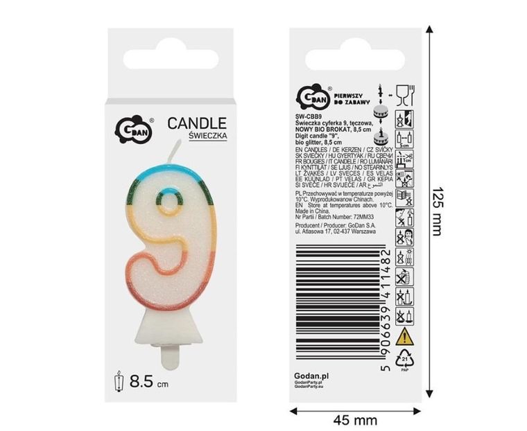GoDan, świeczka urodzinowa, cyfra 9, tęczowa, 8,5 cm