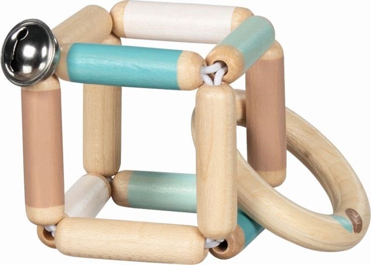 Goki, drewniana grzechotka, bryła z dzwoneczkiem, niebieska