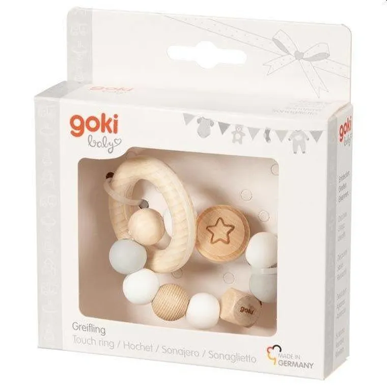 Goki, drewniana grzechotka z elastycznym pierścieniem gwiazdka baby