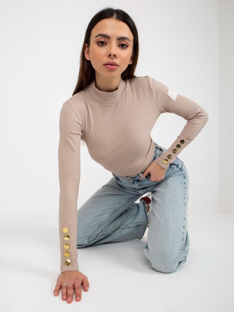 Golf damski z długim rękawem, prążkowany, beżowy, Och Bella