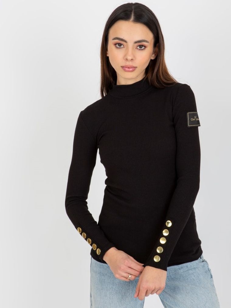 Golf damski z długim rękawem, prążkowany, czarny, Och Bella