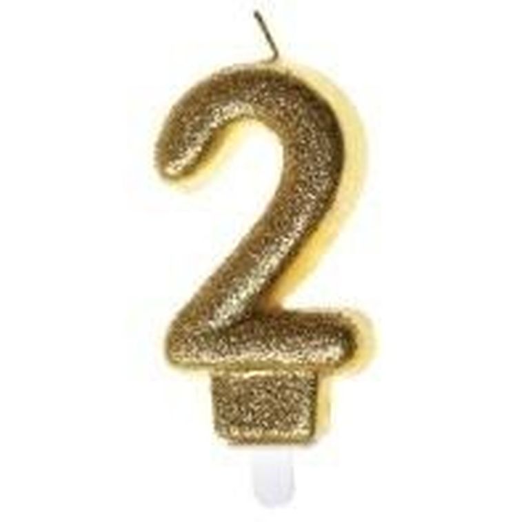 Goparty, świeczka urodzinowa, cyfra 2, złoty brokat