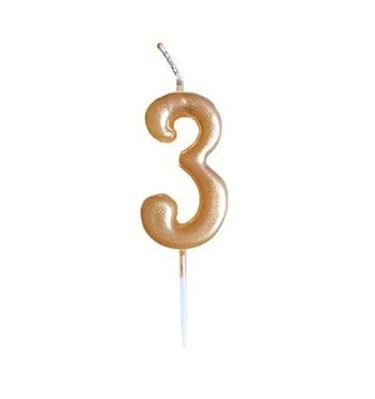 GoParty, świeczka urodzinowa, cyfra 3, złota