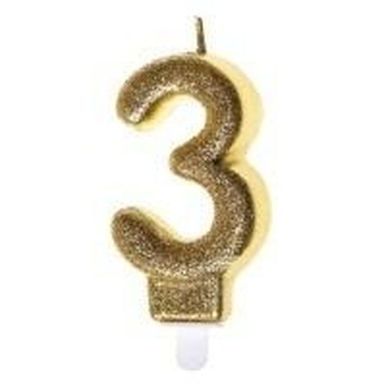 Goparty, świeczka urodzinowa, cyfra 3, złoty brokat