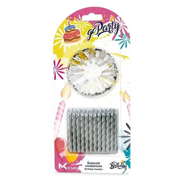 Goparty, świeczki urodzinowe, srebrne spiralne, 12 szt.