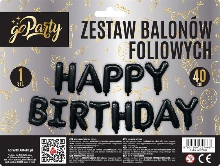 GoParty, zestaw balonów foliowych, Happy Birthday, czarne