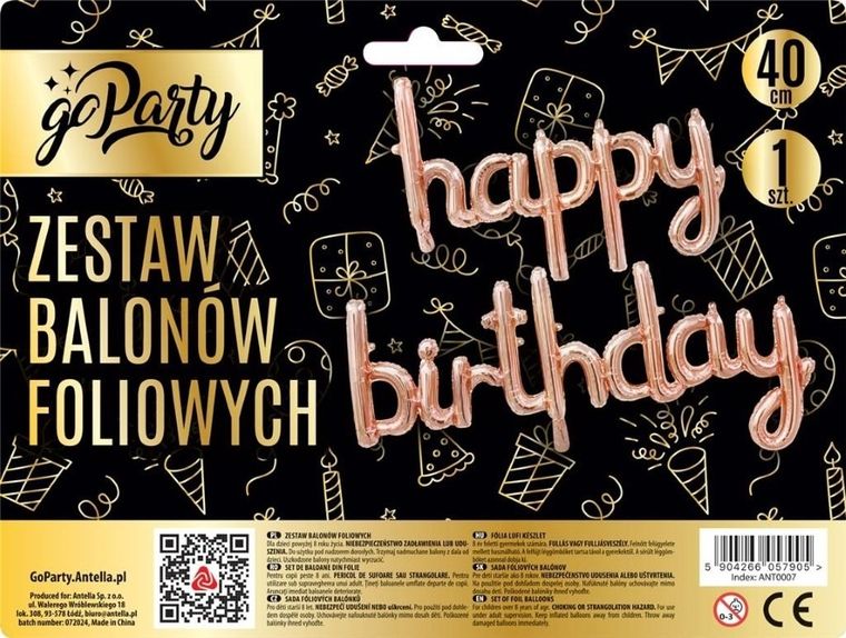 GoParty, zestaw balonów foliowych, Happy Birthday, rose gold
